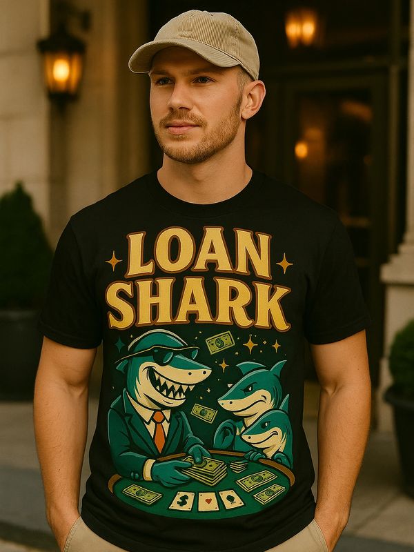 Man wearing a black T-shirt with a 'Loan Shark' cartoon design and a beige cap.