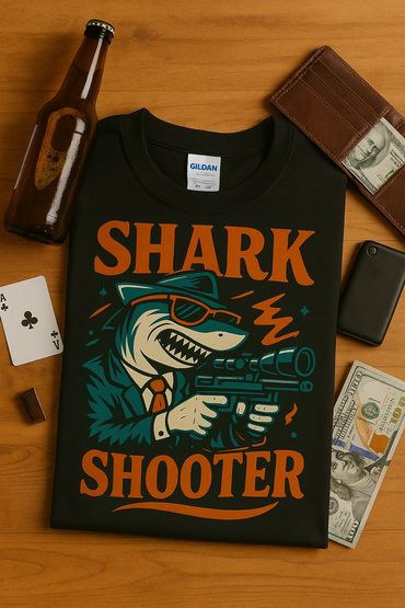 Black T-shirt with a cartoon shark holding a gun and the text 'Shark Shooter'.