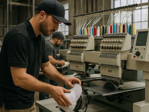 Man operating embroidery machine on a white cap in a workshop.