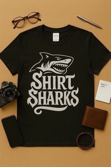 Black t-shirt with a fierce shark graphic and 'Shirt Sharks' text.