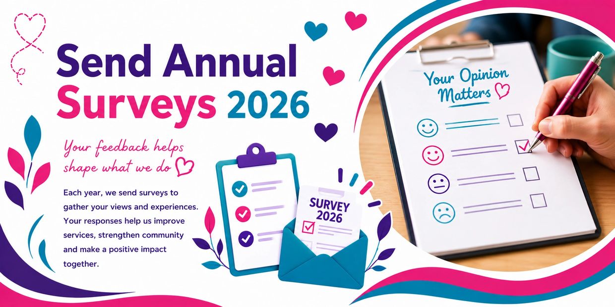 Bright and colourful banner promoting the SEND Annual Surveys 2026, featuring survey forms, hearts,