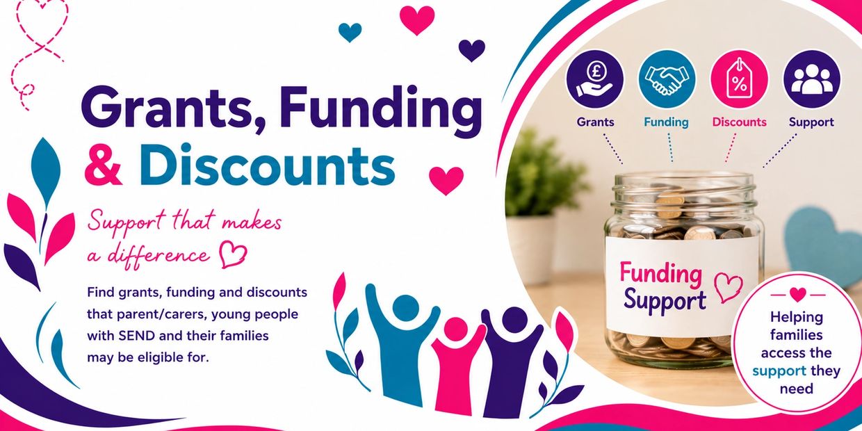 A colourful grants, funding and discounts banner featuring supportive community illustrations, heart