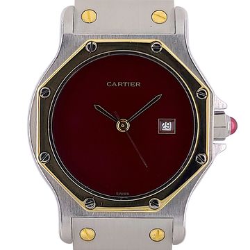 Cartier Santos Round Octagon Burgundy Date 2966 Large LM GM Octogonale Red 18k Gold Steel