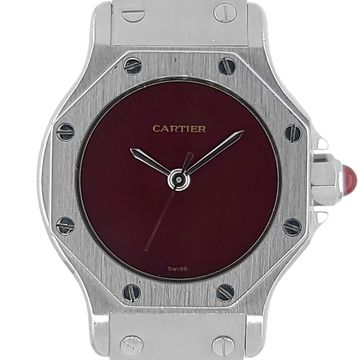 Cartier Santos Round Octagon Burgundy 0906 Small PM SM Octogonale Red Steel 1980 lppand co lpp co