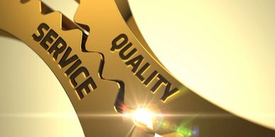 Golden gears labeled 'Service' and 'Quality' interlocking, symbolizing excellence.