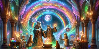 Cats in wizard robes casting spells in a magical, colorful cathedral.