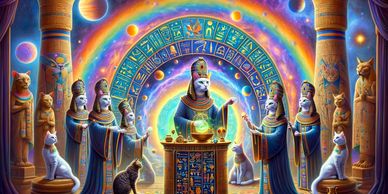 Ancient Egyptian figures in a mystical, colorful cosmic setting with hieroglyphs and cats.