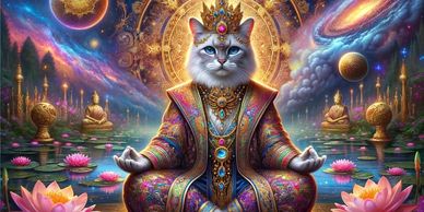 A mystical cat deity meditating in a cosmic, ornate setting.