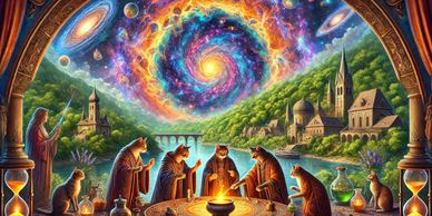 Mystical animals in robes gather around a glowing table beneath a cosmic spiral in a fantasy village.