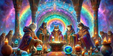 Cats in mystical robes gathered around a glowing table under a rainbow-lit arch.