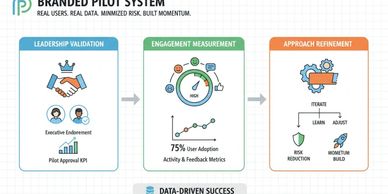 Diagram of a branded pilot system showing leadership validation, engagement measurement, and approach refinement.