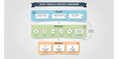 Diagram illustrating a Policy, Process & Protocol Framework with policies, processes, and protocols.