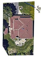 Overhead view of house and backyard with interlock