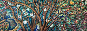 Whimsical painting of a woman, cats, and a child among colorful tree branches and flowers.
