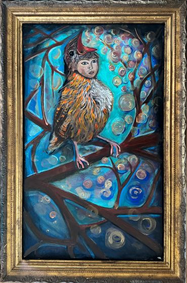 Painting of a bird with a human face perched on a branch amid swirling blue and orange patterns.