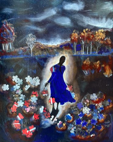 A silhouette in blue surrounded by colorful paper flowers under a starry night sky.