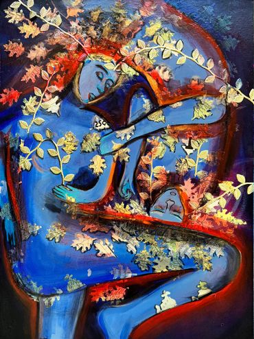 Surreal blue figures intertwined with autumn leaves and golden vines.