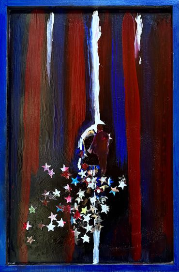 Two figures walk along a path of stars with red and blue vertical streaks.