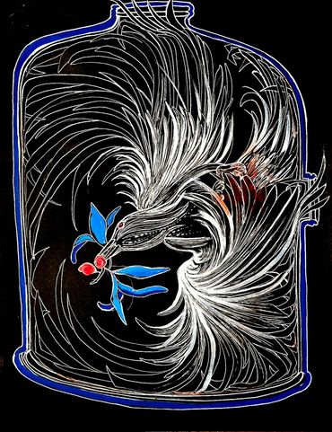 Intricate bird with blue leaves inside a blue-outlined bottle on a black background.