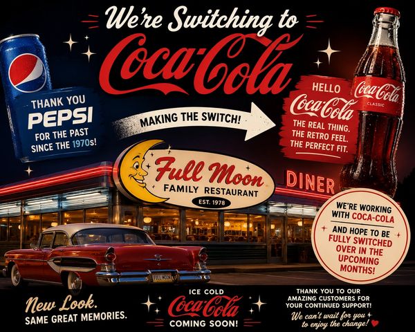 Vintage diner announces switch from Pepsi to Coca-Cola with nostalgic design.
