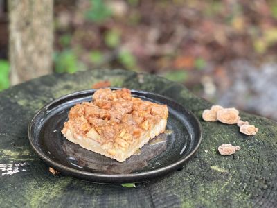 A slice of cake on a black plate outdoors.