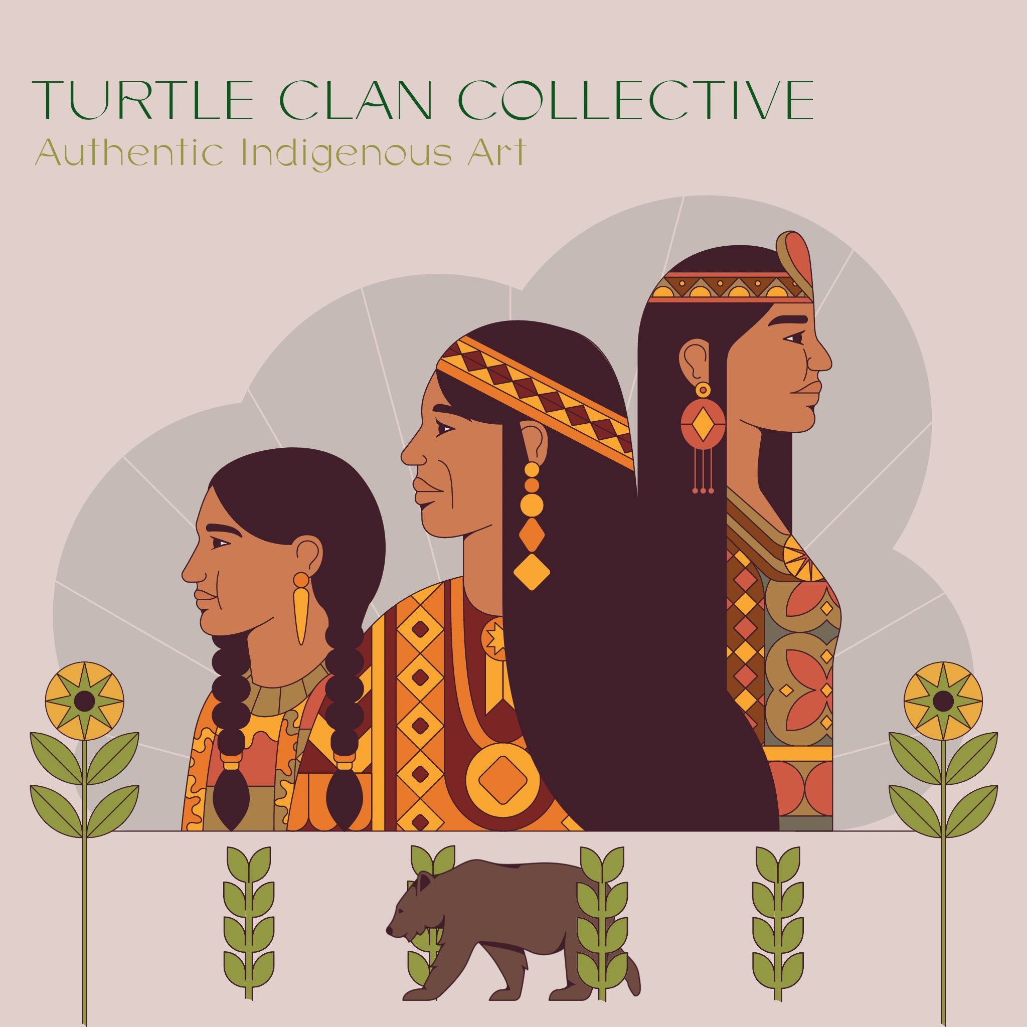 A graphic Arts image of three native women of different generations looking outward.
