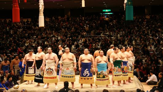 Top ranked sumo wrestlers, National Sumo Stadium, Tokyo, Japan