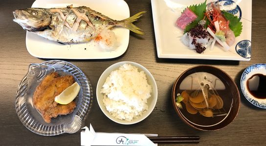 Japanese meal of grilled fish, sashimi & deep fried oysters, Kitchen Kujo Tokyo, Tokyo, Japan