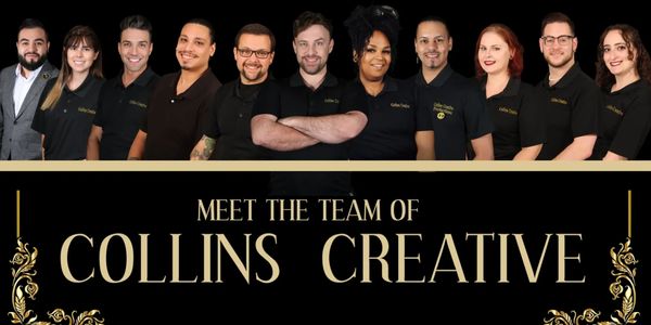 Collins Creative team posing together in branded attire against a black background.