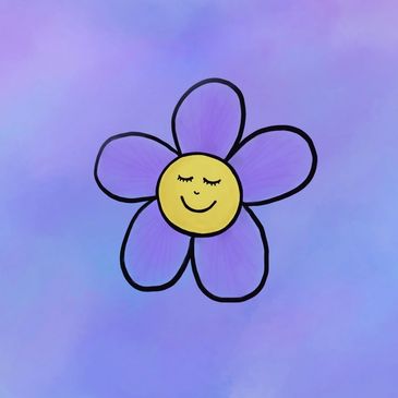 A simply drawn violet with a  yellow centre smiles with closed eyes while enjoying a moment of calm