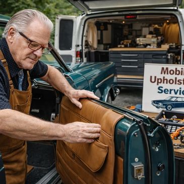 An elderly man upholsters a car door with a mobile service van in the background.