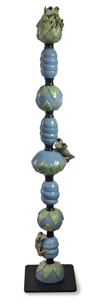 Light blue and soft green pole with 3 large frogs bottom. middle and top