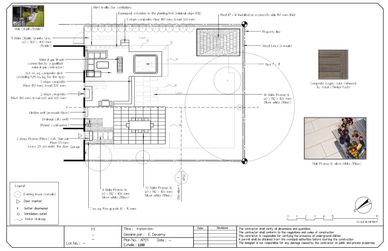 Detailed landscape plan with patio, spa, deck, and various slab options.