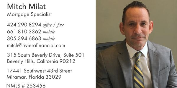 Professional portrait of Mitch Milat, Mortgage Specialist with contact details and office addresses.