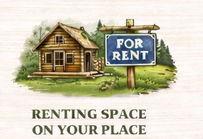 Rustic cabin with a 'For Rent' sign and text about renting space.