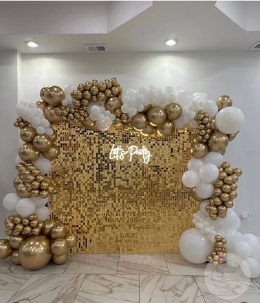 Prom Backdrop. Gold sequin backdrop with gold and wall white Kalisan Balloons