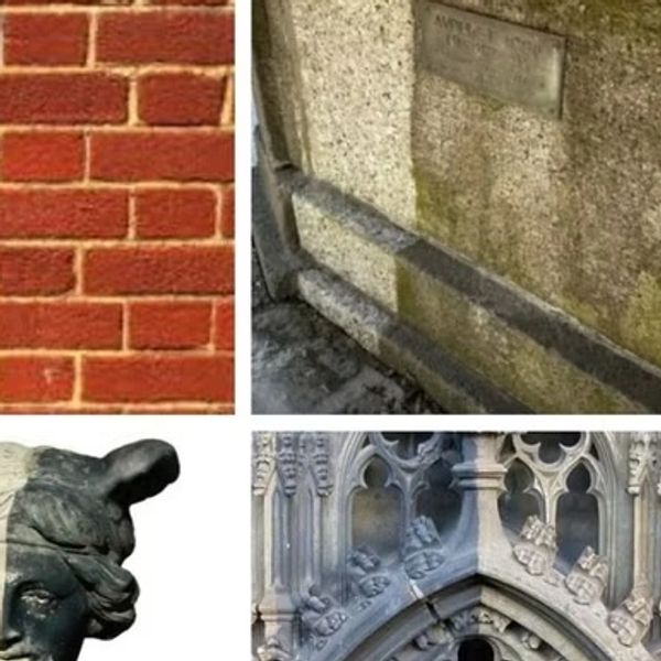 Four images showing half clean and half dirty surfaces including brick wall, stone, statue, and ornate architecture.