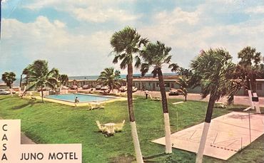 Nine color postcards of Juno Beach motels, e.g., Casa Juno, Seaview, Hilltop Court, Ocean Terrace...
