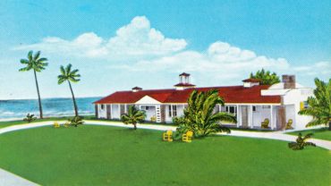 Vintage illustration of a coastal house with palm trees and yellow chairs on a green lawn.