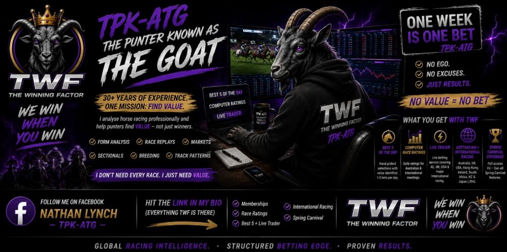 TWF horse racing analysis featuring The Punter Known As The GOAT, Best 5 Of The Day, Live Trader