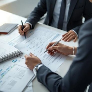Two professionals reviewing and signing documents at a desk.