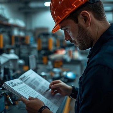 Engineer in a hard hat reviewing inspection checklist in factory.