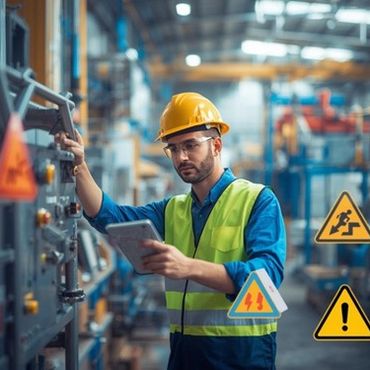 Engineer wearing safety gear operates machinery in an industrial setting.