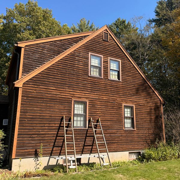 A brown wooden house exterior with two ladders leaning against it on a sunny day.