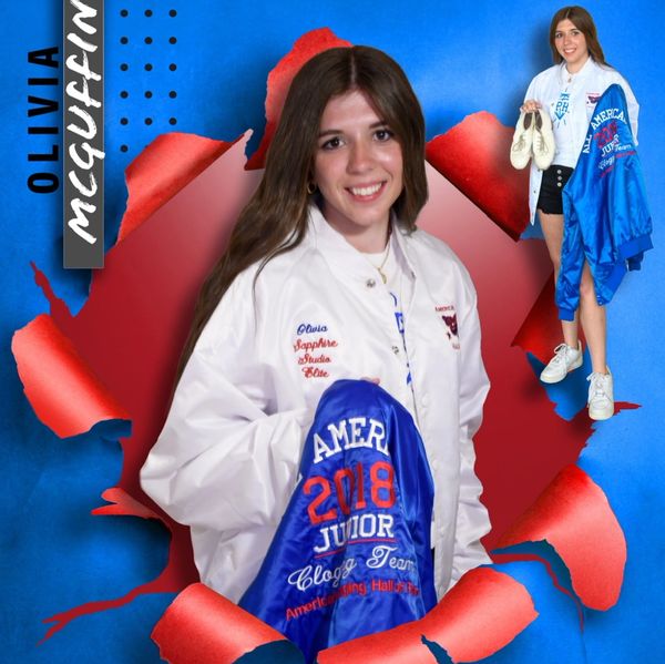 Young woman holding a blue satin jacket with 2018 Junior Clogz Team embroidery.