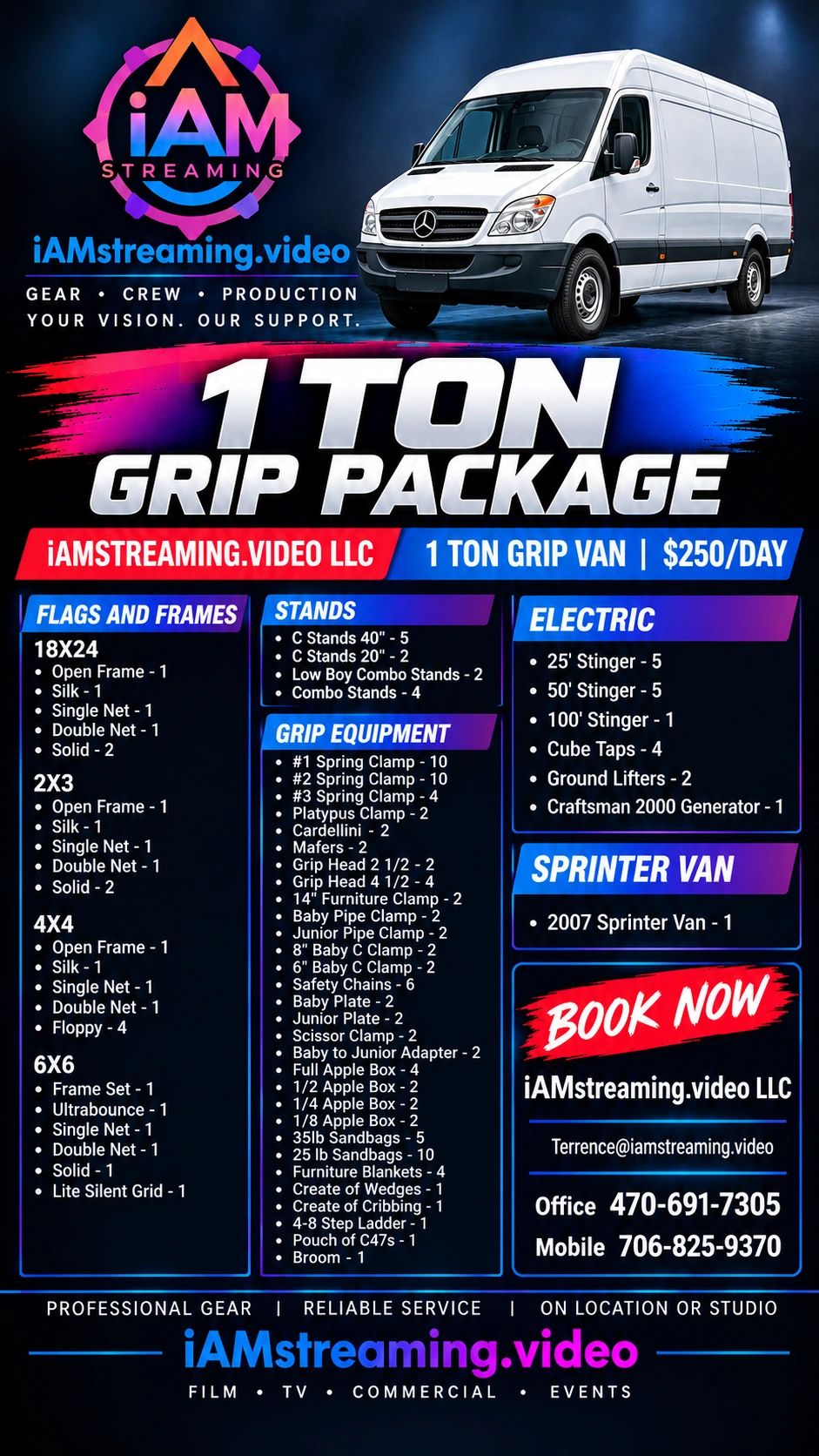 1 Ton Grip Package rental details by iAMstreaming.video LLC with equipment list and contact info.