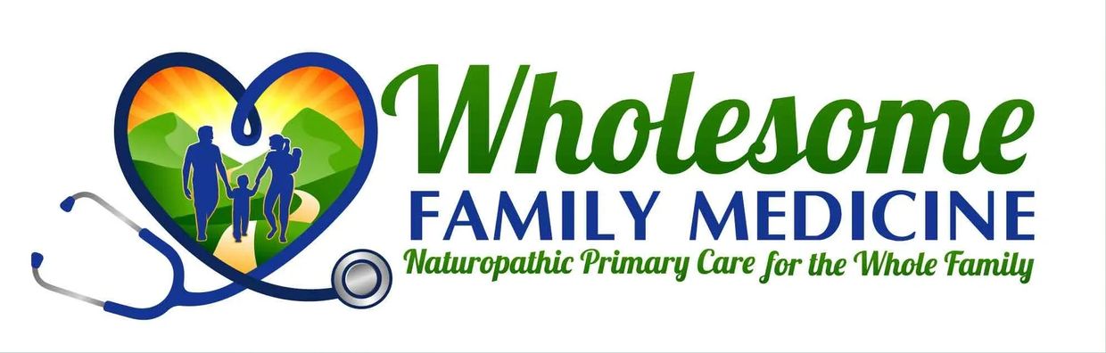 Logo for Wholesome Family Medicine with a stethoscope heart and family silhouette.