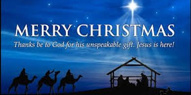 Merry Christmas with nativity scene and three wise men under a starry night sky.