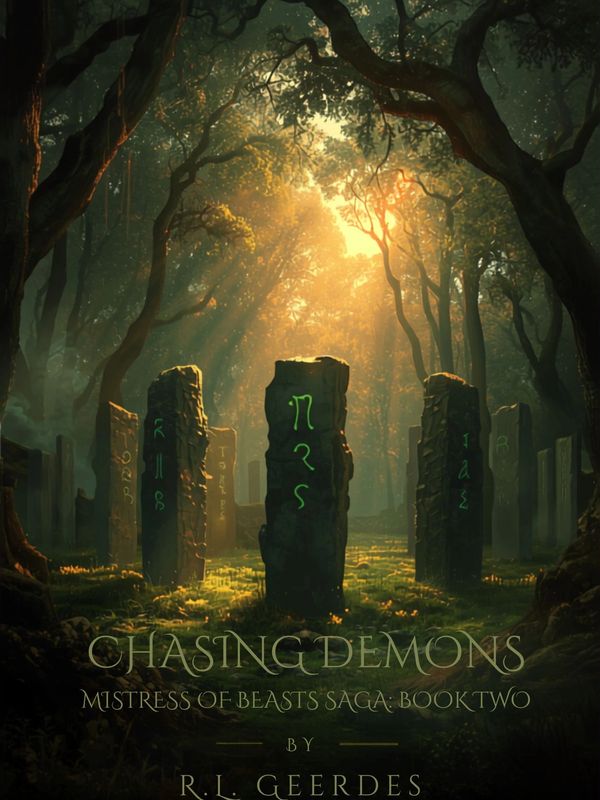 Mystical forest with glowing runes on ancient stones.