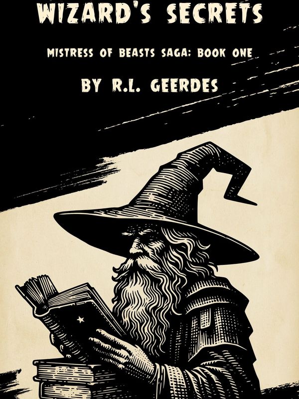 Wizard reading a book titled Wizard's Secrets.